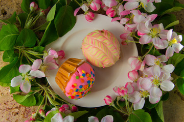 Cupcake or muffin with fresh spring blossom branches