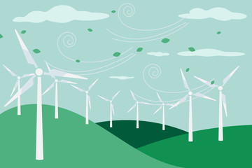 Landscape with electric and eco power windmill for renewable energy source and green economy company