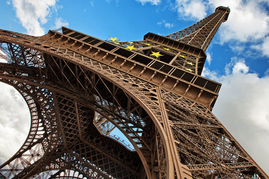 The Eiffel Tower in Paris shot against blue sky, France