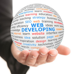 Web developing concept. Hand take white sphere with big blue inscription Web developing