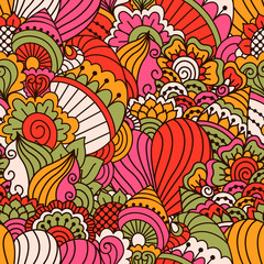 Hand drawn seamless pattern with floral elements. Colorful ethnic background. Pattern can be used for fabric, wallpaper or wrapping