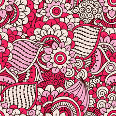 Hand drawn seamless pattern with floral elements. Colorful ethnic background. Pattern can be used for fabric, wallpaper or wrapping