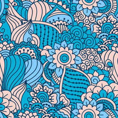 Hand drawn seamless pattern with floral elements. Colorful ethnic background. Pattern can be used for fabric, wallpaper or wrapping