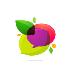 Speech bubble with green leaf logo.