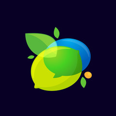 Speech bubble with green leaf logo.