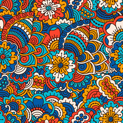 Hand drawn seamless pattern with floral elements. Colorful ethnic background. Pattern can be used for fabric, wallpaper or wrapping