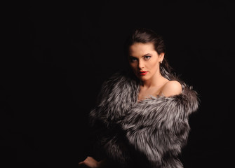 Beauty Fashion Model Girl in Blue Mink Fur Coat