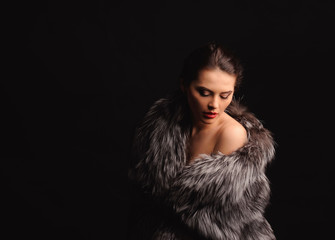 Beauty Fashion Model Girl in Blue Mink Fur Coat