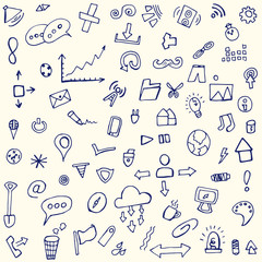 doodle icons, hand, pen, cartoon, set