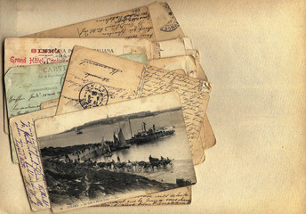 Почтовая бумага, бланк для письма с ретро открыткой 1900-х и корреспонденцией. Европа, экипажи у пристани.