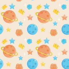 Seamless cute little prince pattern ornament. Holiday and event decorations, design elements. Roses, planets, stars and crowns.