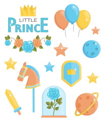 A set of cute little prince icons. Holiday and event decorations, design elements. Roses, planets, stars, toy weapons and horse.