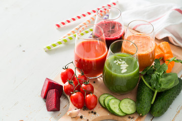 Selection of colorful vegetable juice in glasses
