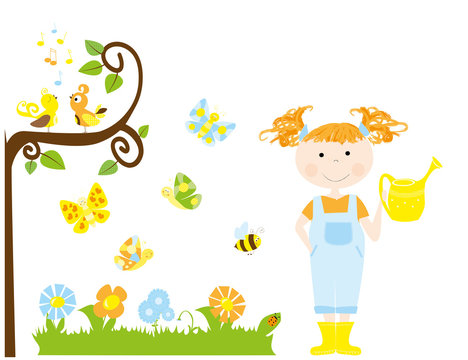 child with watering can and set of cute cartoon objects : flowers, birds, flying, butterflies, bees / joyful collection of spring vectors for children