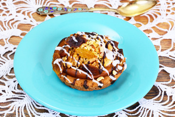 Homemade Cakes: Cake on Plate with Nuts, Chocolate and Raisins.