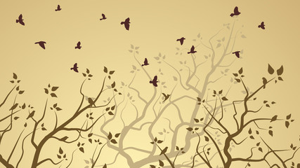 Horizontal illustration of tree branches and birds.