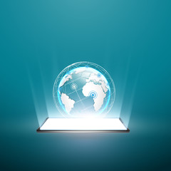 Black smartphone with white screen. Planet earth on the screen. Three-dimensional image. Rays of light from the screen. Stock illustration.