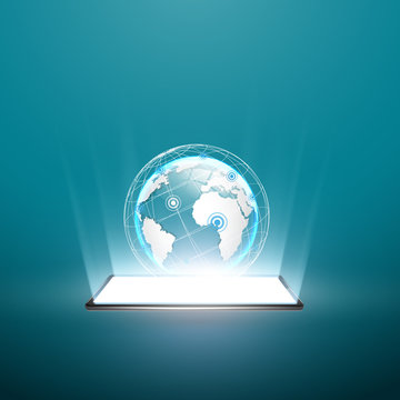 Black smartphone with white screen. Planet earth on the screen. Three-dimensional image. Rays of light from the screen. Stock illustration.