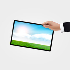 Realistic Vector, hand holding tablet pc with nature background, isolated on white background