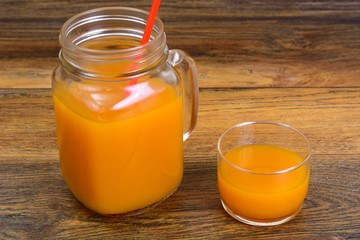 Healthy food: pumpkin juice, apple, orange, multifruit.