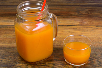 Healthy food: pumpkin juice, apple, orange, multifruit.