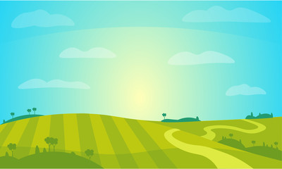 Vector Landscape with Sunny Field . Rural Farm Scenery Illustration.