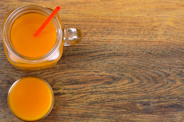 Healthy food: pumpkin juice, apple, orange, multifruit.