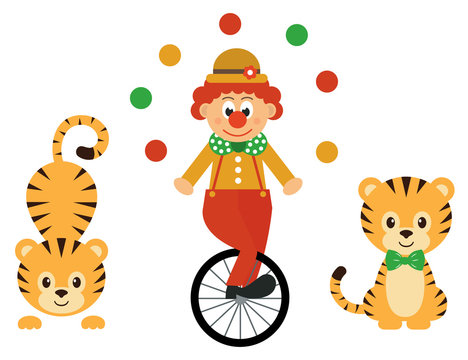 cartoon tiger and clown with bike set