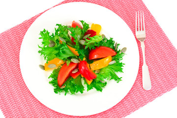 Healthy and diet food: Lettuce, tomato, pepper, seeds, oil, salt