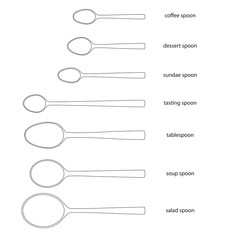 Kitchenware. Set of spoons salad spoon, soup spoon, tablespoon, tasting spoon, sundae spoon, dessert spoon, coffee spoon. Different kinds of spoons with names. Outlined spoons. Kitchenware.