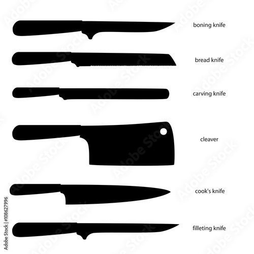 "Kitchenware. Set of knives with names boning knife, bread knife