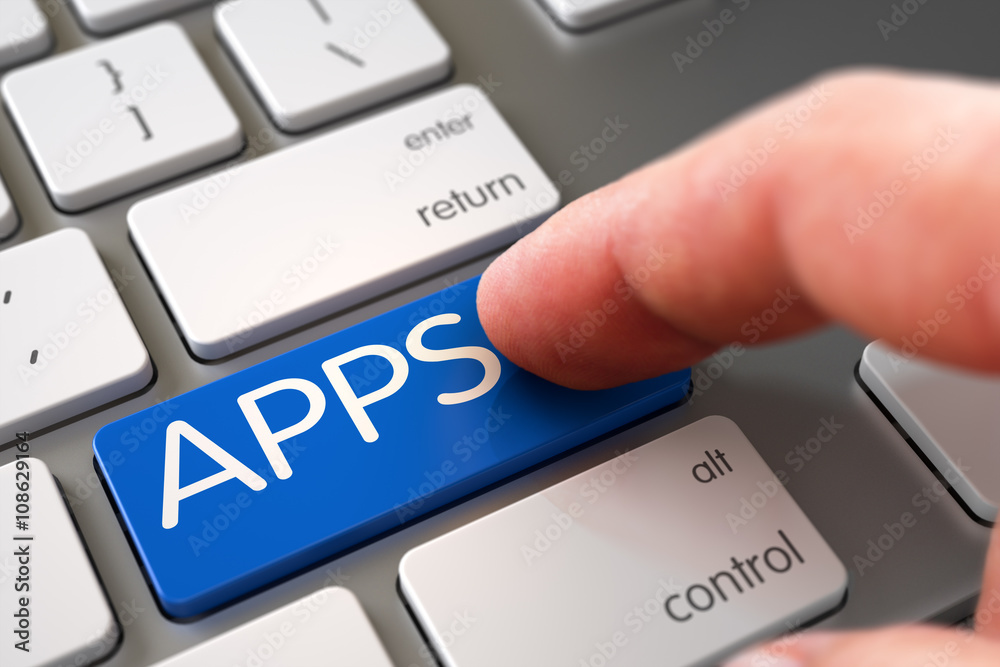 Poster modern keyboard with apps blue button. hand touching apps keypad. hand pushing apps blue white keybo