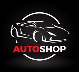 Original auto motor concept design of a super sports vehicle car auto shop logo silhouette on black background. Vector illustration.