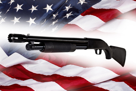 Shotgun Police Pump Action Made in USA on American Flag