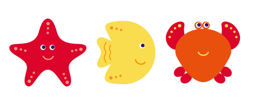 Cute vector cartoon fish, crab and starfish, icons set