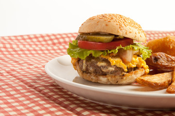 Hamburger and fried in restaurant 