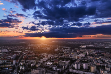 Fototapeta na wymiar Wroclaw city under sunset, panoramic air view. Poland