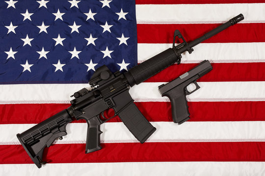AR15 M4A1 Style Weapon Automatic Rifle and Pistol on USA Flag