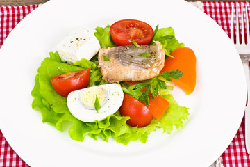 Fototapeta na wymiar Salmon, Lettuce, Tomato and Sweet Pepper with Egg