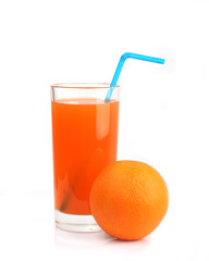 juice from the orange into a glass tube with blue and orange on a white background