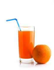 juice from the orange into a glass tube with blue and orange on a white background