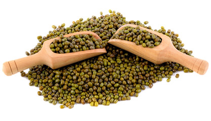 Green mung beans in scoop on white background