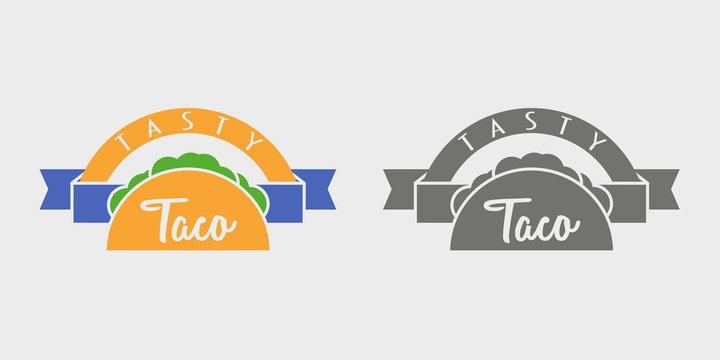 Taco logotype concept or template. Illustration can be used to design menu, business cards, posters. Monochrome and color vector illustration.