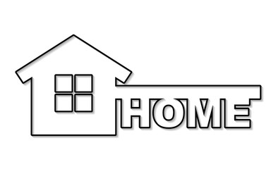 Symbol of home like key and text - home. Vector concept house symbol. Illustration in thin line style with shadow.