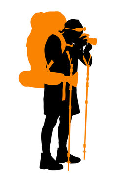 Backpacker taking photos. Vector silhouette
