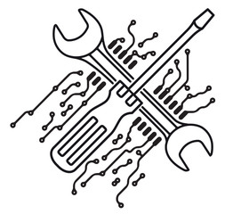 PCB black and white design with wrench and screwdriver for logo
