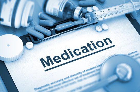 Diagnosis - Medication On Background of Medicaments Composition - Pills, Injections and Syringe. Toned Image. 3D Rendering. 