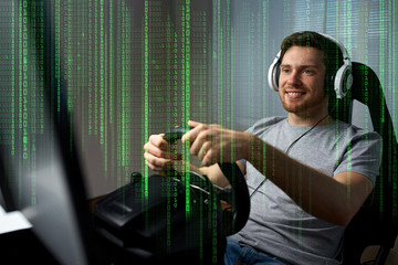 man playing car racing video game at home