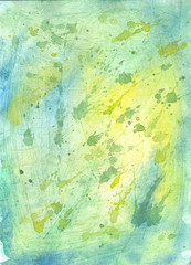 Abstract watercolor background with blots. Green and yellow colors