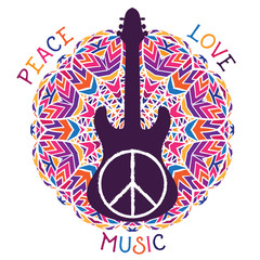 Hippie peace symbol. Peace, love, music sign and guitar on ornate colorful mandala background. Design concept for banner, card, scrap booking, t-shirt, bag, print, poster. Vector illustration - obrazy, fototapety, plakaty